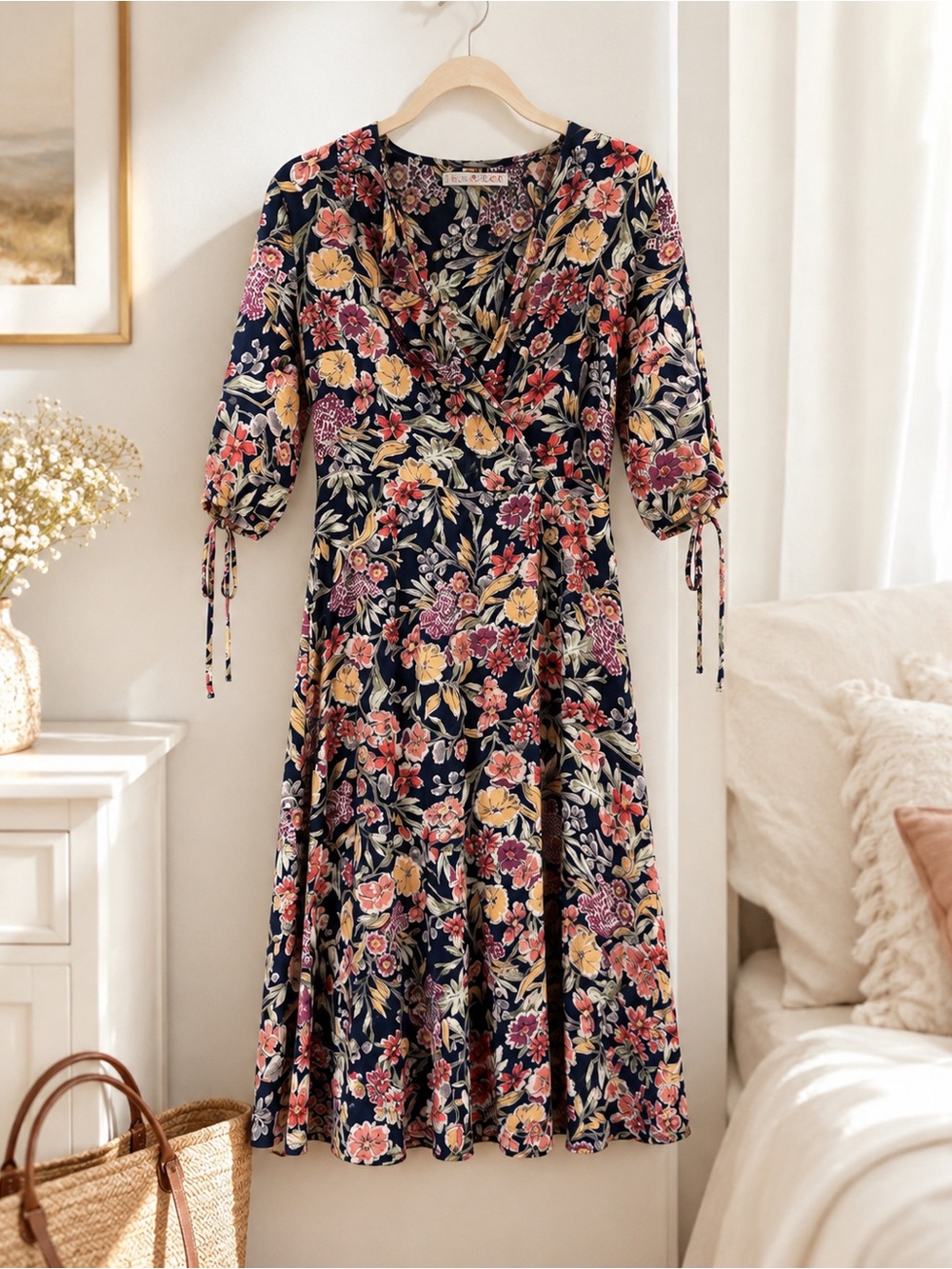 He Loves Me Not Navy Floral V-Neck Midi Dress 3/4 Sleeve‎ Small